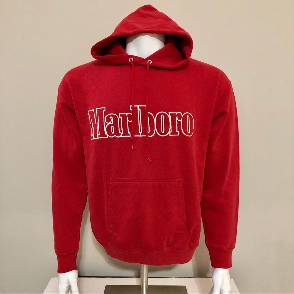 Vintage 90s Marlboro Hooded Red Sweatshirt Hoodie - Picture 2 of 8